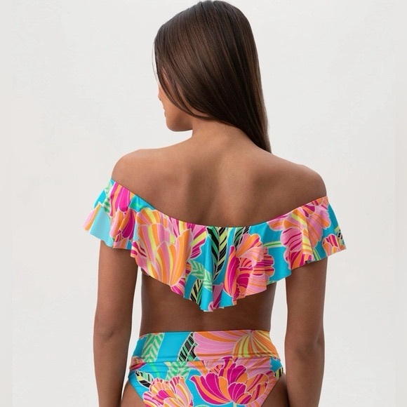 NWT Trina Turk Bikini Poppy Off The Shoulder Ruffle Bandeau & Bikini Bottom Sz 4 - Picture 6 of 12